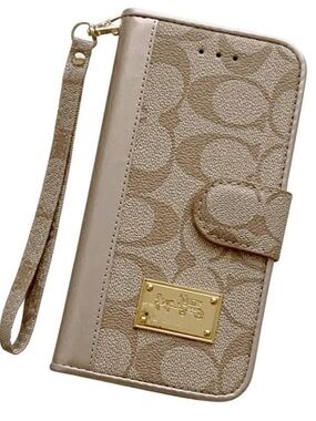 Luxury Tan Coach iPhone 13 Phone Case w/Gold Coach Logo Detail & Wristlet Strap